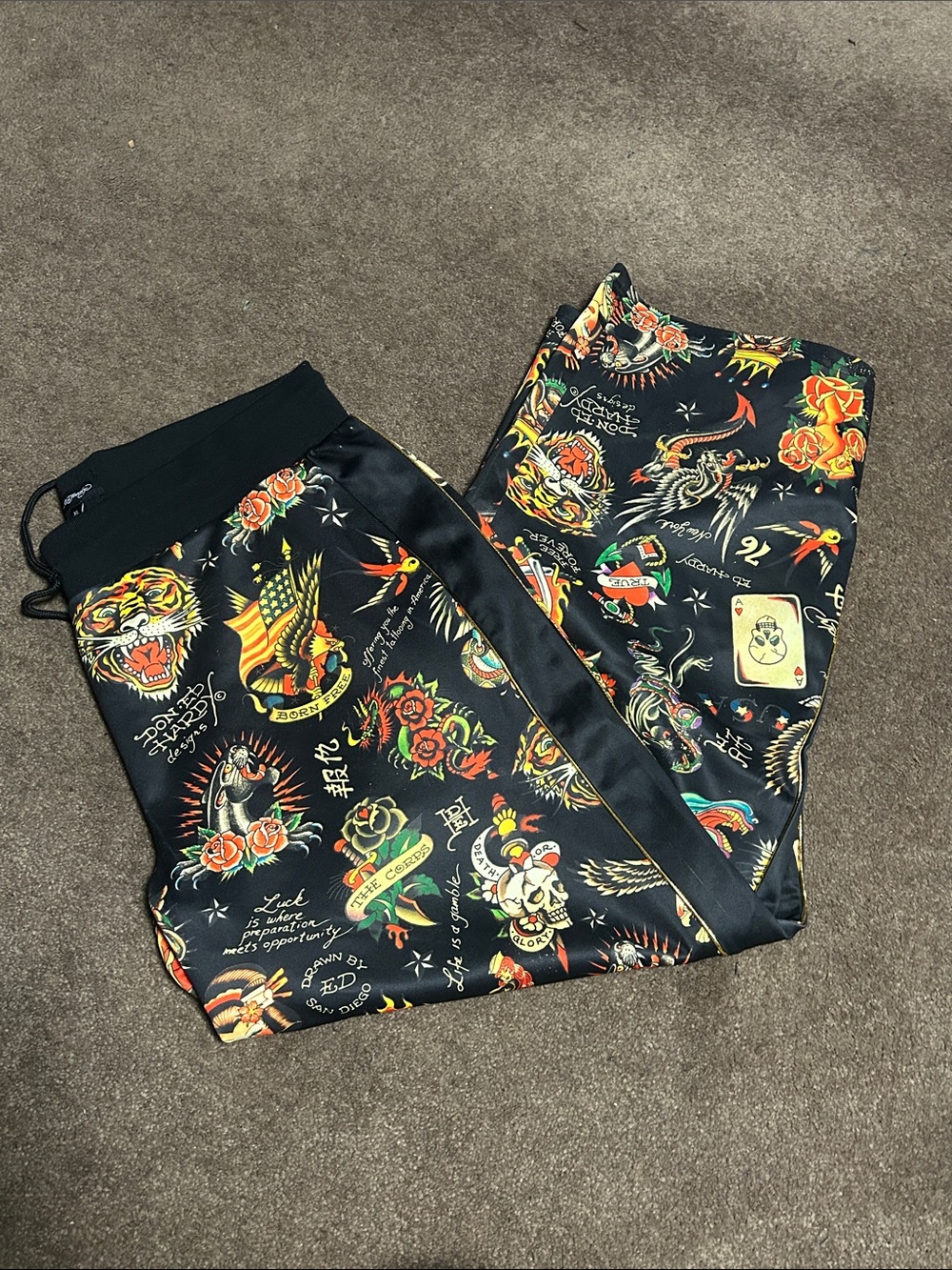 Ed Hardy Black Sweatpants with Multicolor Tattoo Prints